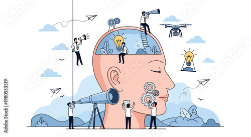 Conceptual illustration of a human head containing various icons for teamwork ideas technology and business strategy development.