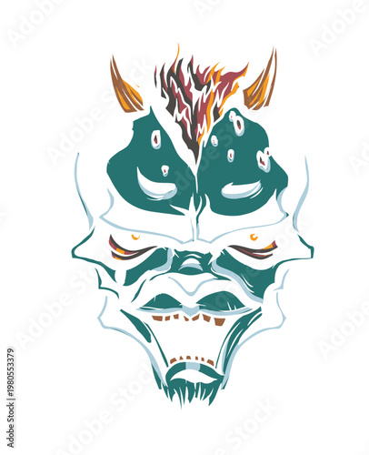 Abstract stylized demonic face vector with horns, fiery accents, sharp teeth, angular lines, and bold teal, orange, and red tones symbolizing intensity, fantasy, and dark artistic design.