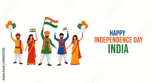 Group of diverse Indian people celebrating Independence Day with flags.