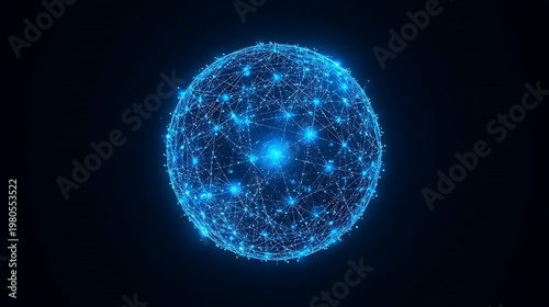 A blue glowing orb with a network of connections on a black background