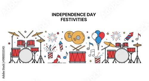 Independence Day Festivities Musical Instruments and Fireworks Illustration.
