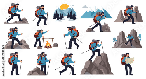 Character set of a male hiker with a backpack and walking sticks shown in various poses climbing rocks and looking at a map.