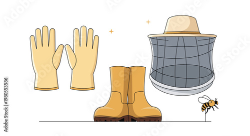 Beekeeping equipment set including yellow protective gloves tall boots a bee veil hat and a small honey bee on a white ground.