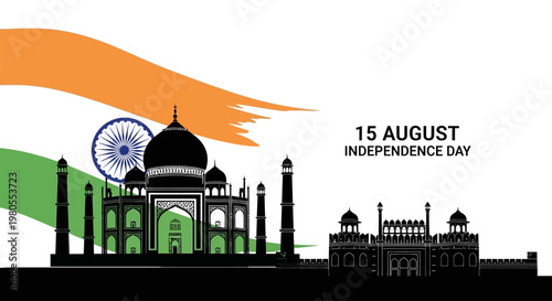 Silhouette of Taj Mahal and Red Fort for Indian Independence Day.