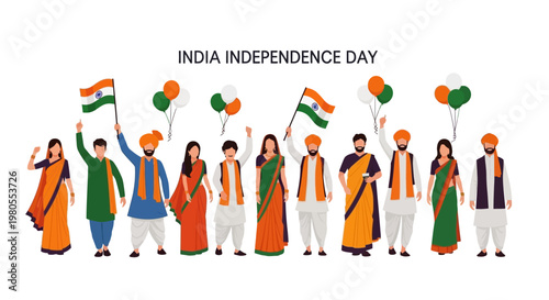 Diverse group of Indian people celebrating Independence Day with flags and balloons.