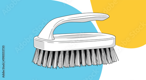 White cleaning brush with a handle is positioned on an abstract background featuring light blue and yellow circular shapes.