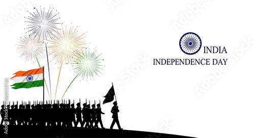 Silhouette of Indian soldiers marching with flag for Independence Day celebration.