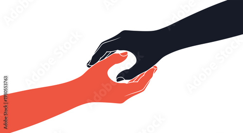 Two hands in black and red colors reach out to form a circular shape, symbolizing unity, partnership, and mutual assistance.