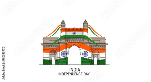 Illustration of India Gate monument with Indian tricolor flag for Independence Day celebration.