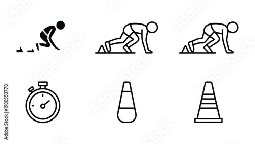 Athlete and Accessories Icons: A collection of minimalist icons depicts the essence of track and field, featuring a starting runner, stopwatch, and track cones. These icons represent speed, precision.
