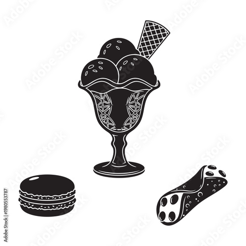 Ice cream sundae macaron and cannoli silhouette icon set