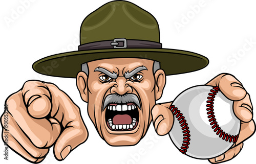 An angry drill instructor or sergeant bootcamp army soldier cartoon character holding baseball ball and pointing sports team mascot illustration.