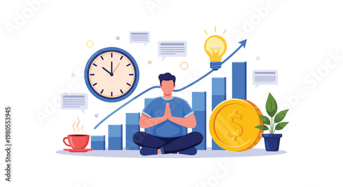 Man sits in a meditative pose surrounded by business and financial icons like a clock, growth charts, coins, and a lightbulb idea.