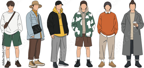 Trendy men outfits collection with casual streetwear styles, modern male fashion characters in stylish urban clothing vector illustration isolated on white background