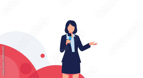 Professional female news reporter in a dark suit holds a microphone and gestures while presenting the news against a red background.
