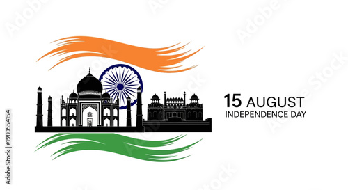 Indian Independence Day illustration featuring Taj Mahal and Red Fort silhouettes.
