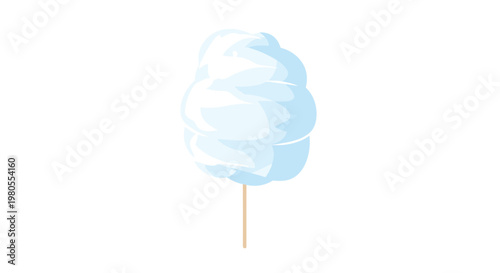 Single fluffy light blue cotton candy is presented on a wooden stick, isolated against a plain white background for sweet treats.