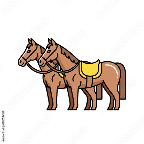 Two Brown Horses with Yellow Saddles Side View
