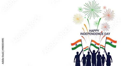 Silhouette of happy Indian people waving national flags with fireworks celebrating Independence Day.