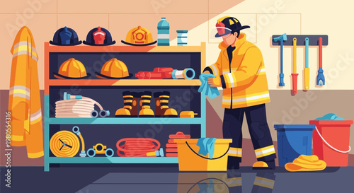 Fireman cleaning protective gear in fire station storage room
