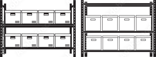 Warehouse storage shelves with cardboard boxes icon set for inventory management and organization warehouse inventory organization cardboard logistics distribution management products