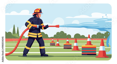 Firefighter Training and Spraying Water from Fire Hose Illustration