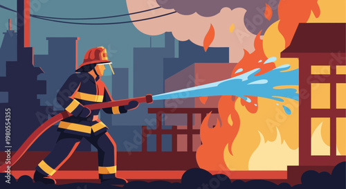 Firefighter Extinguishing Burning House with Hose Illustration