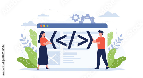 Two software developers stand next to a large coding window with HTML tags, symbolizing web development and digital technology creation.