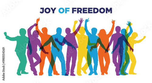 Colorful group of diverse people dancing together in celebration.