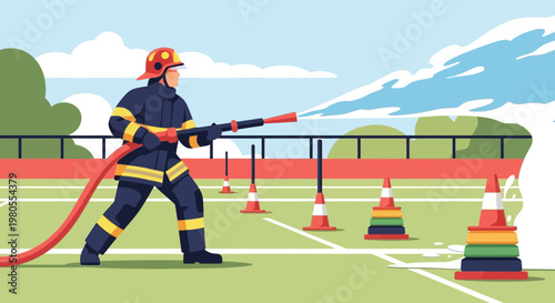 Firefighter practicing with water hose at outdoor training facility