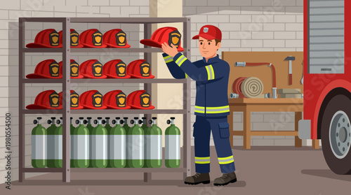 Male Firefighter Organizing Safety Gear in Fire Station Illustration