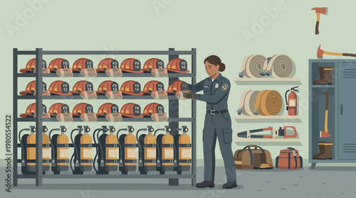 Female firefighter organizing equipment in fire station storage