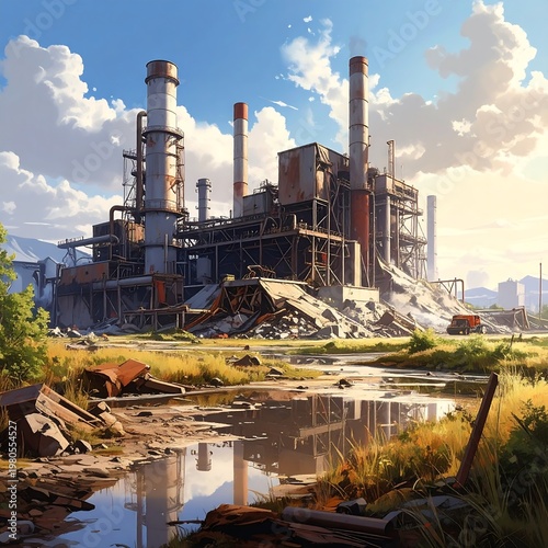 Abandoned industrial site with a large building and smokestacks