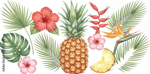 Tropical elements collection with pineapple, exotic flowers and palm leaves, vibrant summer botanical vector set for decoration isolated on white background