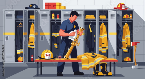 Firefighter Cleaning Equipment in Fire Station Locker Room Illustration