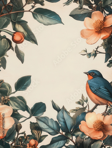 Bird flower leaf branch nature illustration vintage frame garden blossom bird flower leaf branch nature illustration vintage frame garden blossom create elegant botanical border with colorful