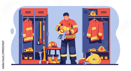 Firefighter cleaning helmet in locker room illustration