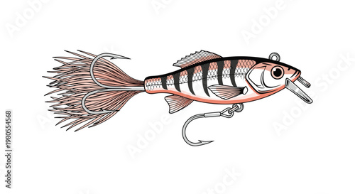 Detailed illustration shows a fishing lure designed like a small fish with sharp hooks and feathers for a realistic aquatic appearance.