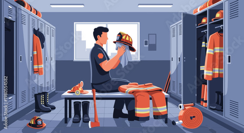 Firefighter cleaning helmet in station locker room illustration