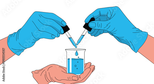 Laboratory technician in blue gloves uses pipettes to carefully add liquid into a beaker held by another gloved hand during a test.