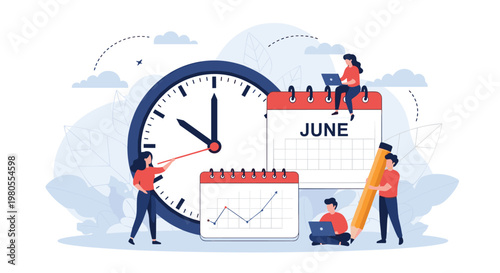 Small people manage their time and tasks around a giant clock and a calendar labeled June, representing organization and scheduling.
