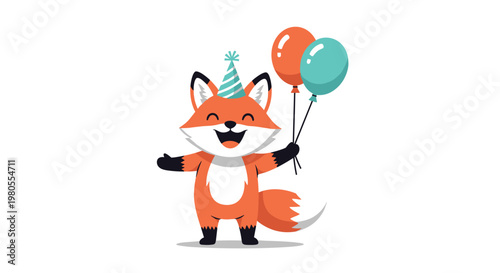 Joyful cartoon fox wearing a striped party hat and holding two colorful balloons is celebrating a special occasion with happiness.