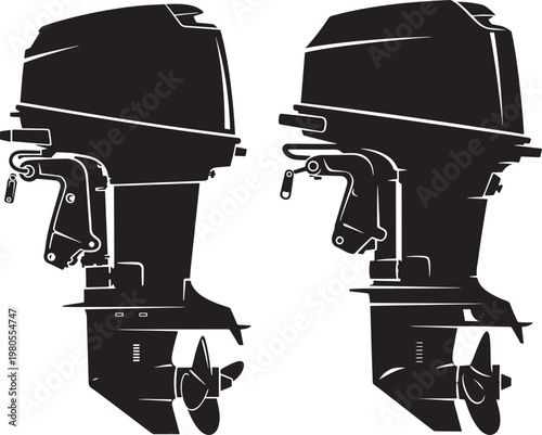 Two black outboard motor silhouettes for boat propulsion and marine water transport with watercraft propulsion transport recreation vacation equipment machinery component illustration
