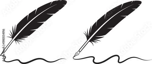 Two black quill pens writing elegant lines symbolizing education literature history with quill pen old fashioned literature education historical calligraphy creative communication storytelling