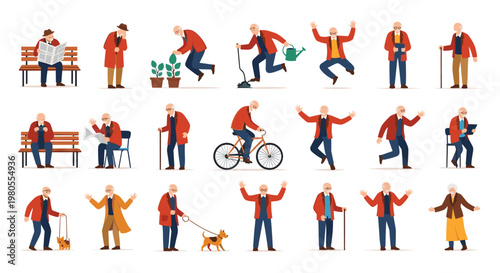 Large set of vector illustrations featuring an active senior man in a red jacket engaging in various hobbies and daily activities.