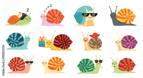 Collection of twelve adorable snail characters with different shell colors, patterns, and fun accessories like sunglasses and hats.