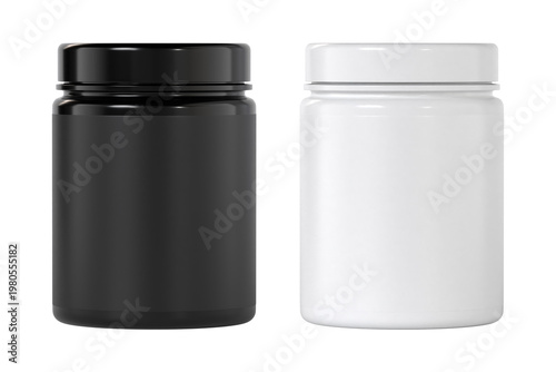 Fotografía Supplement Protein wide jar bottle mockup black and white 3d rendering on transp