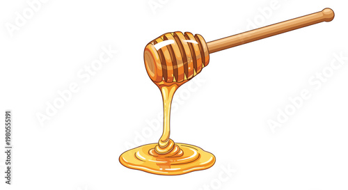 Close-up of a wooden honey dipper with thick golden honey dripping onto a surface to show its sweetness and viscous texture.