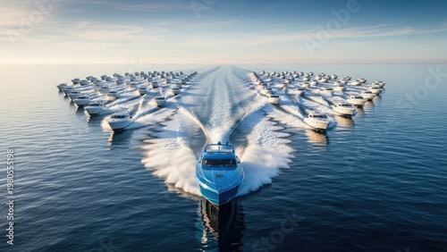 A large fleet of boats speeding across the calm ocean water under a clear blue sky