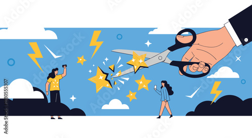 Surreal illustration of a large hand with scissors cutting out stars while people interact with the surrounding dynamic elements.